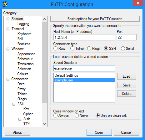 Putty Session screen - enter your server info here