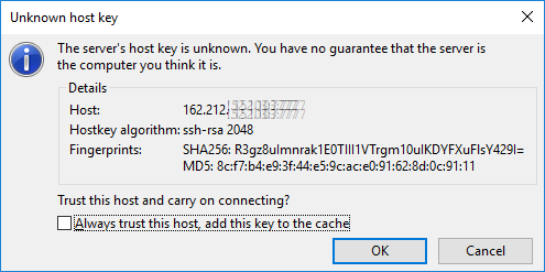 Filezilla accept host key warning